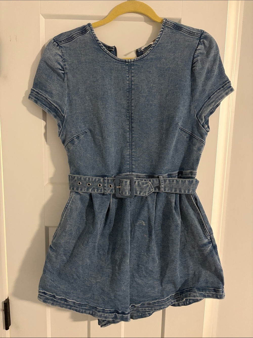 Free People Girls' Light Blue Denim Belted Romper Dress